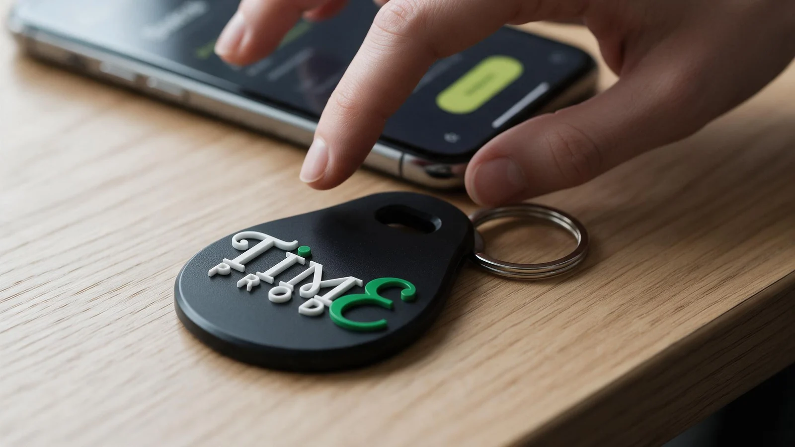 Illustration : le porte-clé Time Prod imprimé en 3D, posé sur un bureau, au moment où un téléphone vient le toucher pour ouvrir la carte de visite